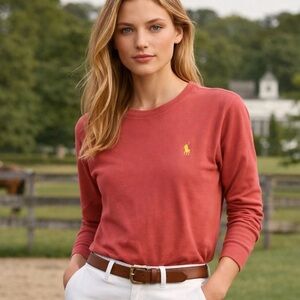 Ralph Lauren Sport Coral Pink Crewneck Logo‎ Tee Women’s L Preppy Classic Polo